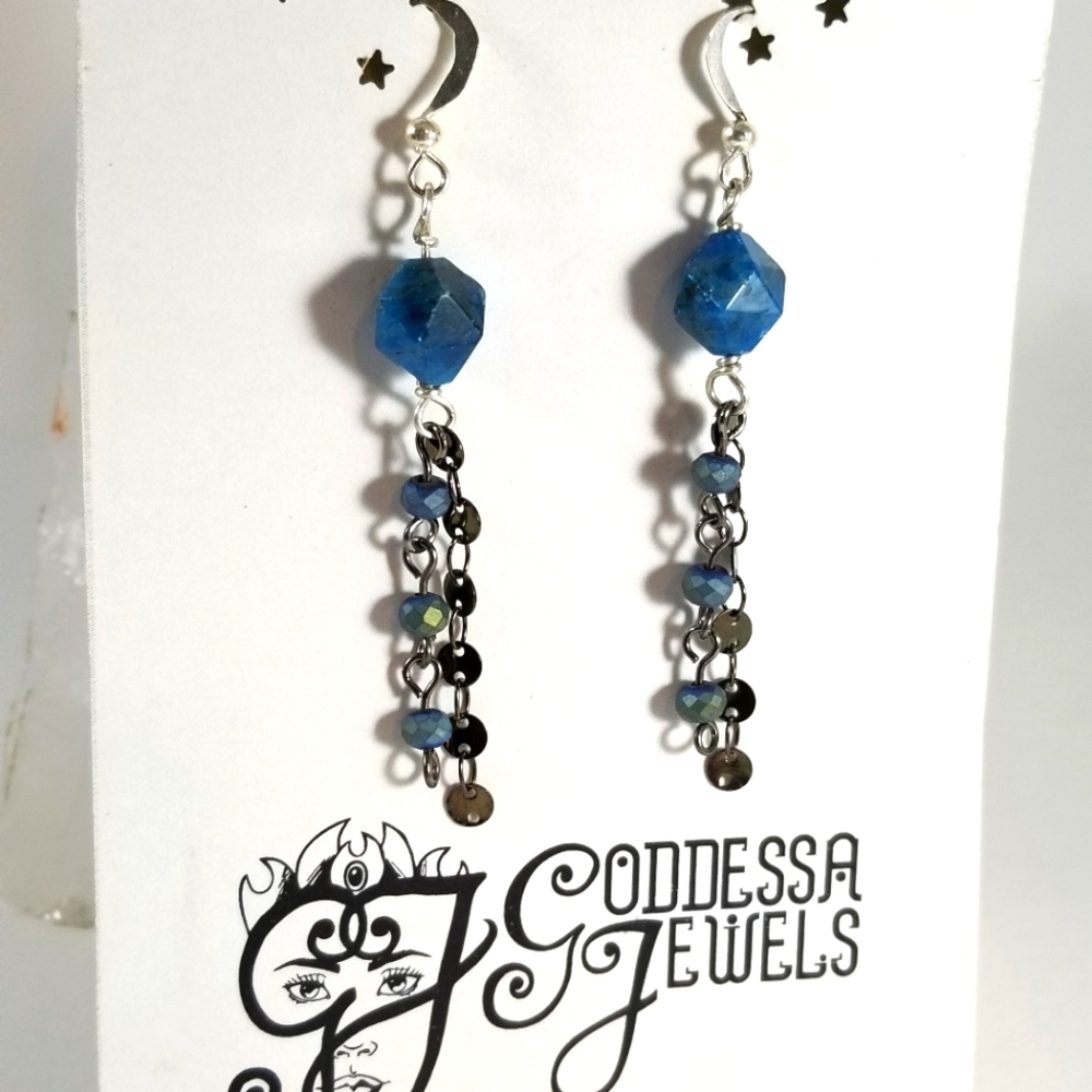Blue Apatite and Titanium Hematite Dangly Earrings